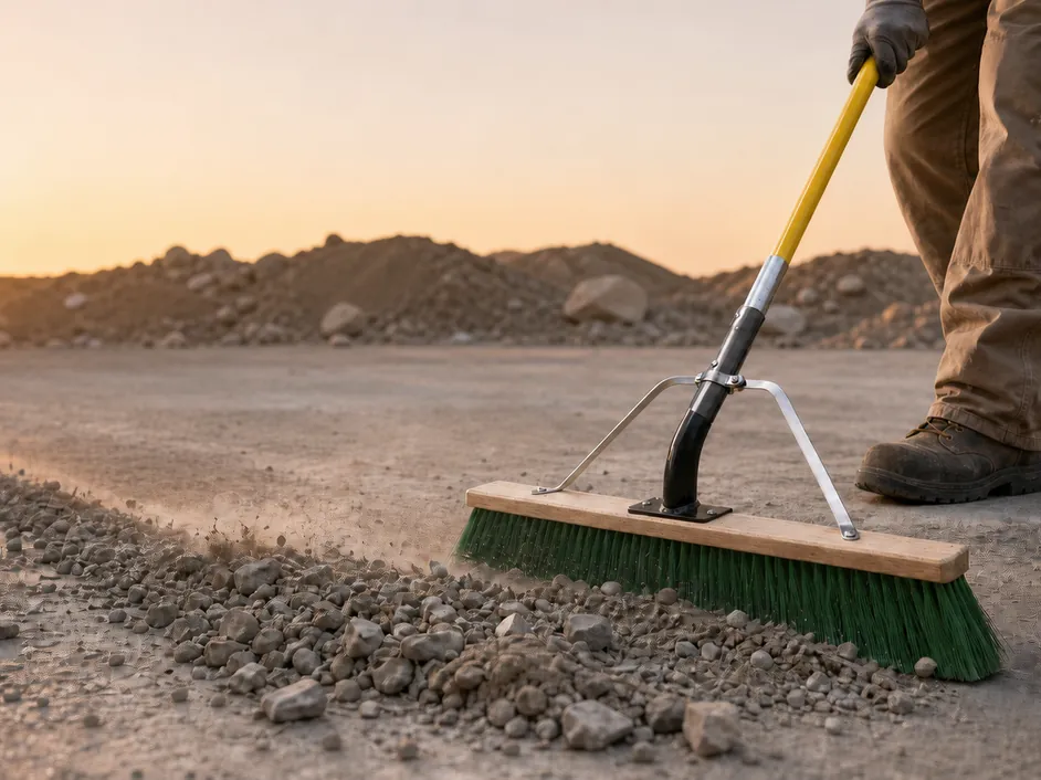 Heavy-duty push broom sweeping gravel on a construction site at sunset