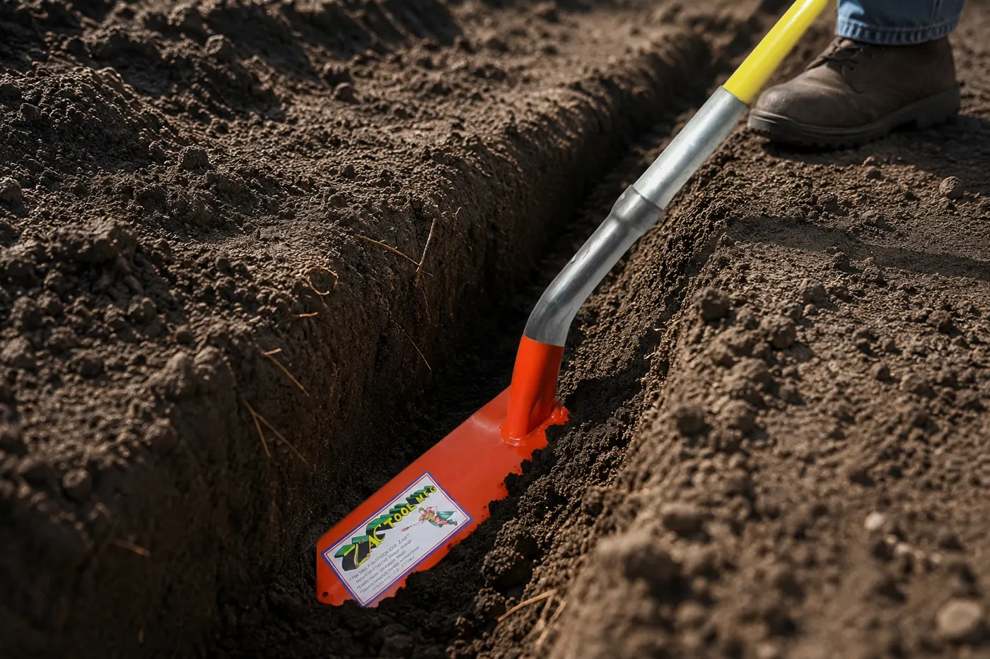 Trenching spade cutting a clean trench in dark soil