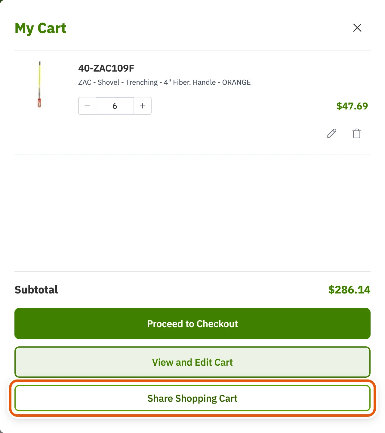 The cart drawer open, showing the item, the subtotal, and the Share Shopping Cart button at the bottom