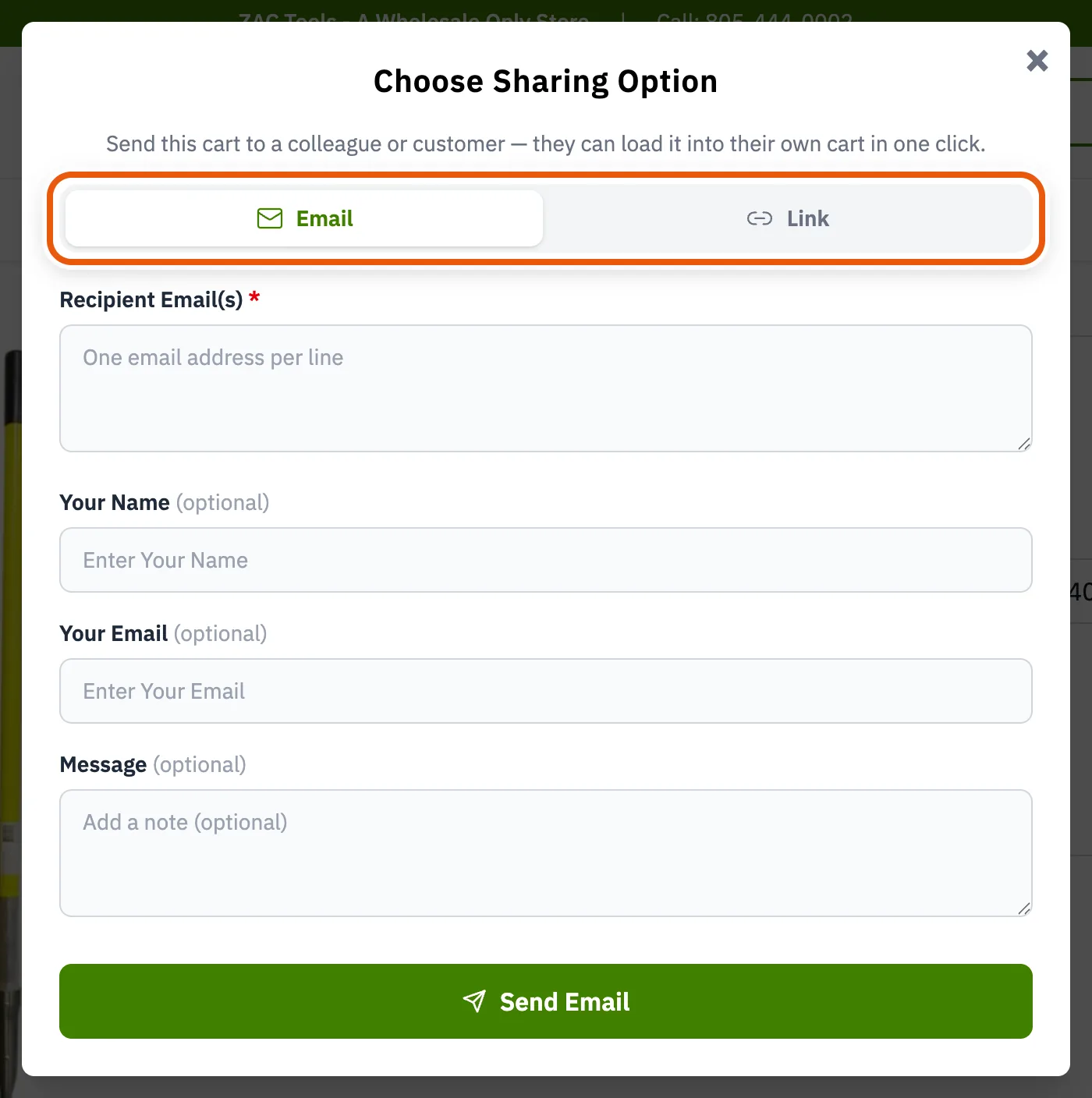 The sharing window, with Email and Link tabs at the top