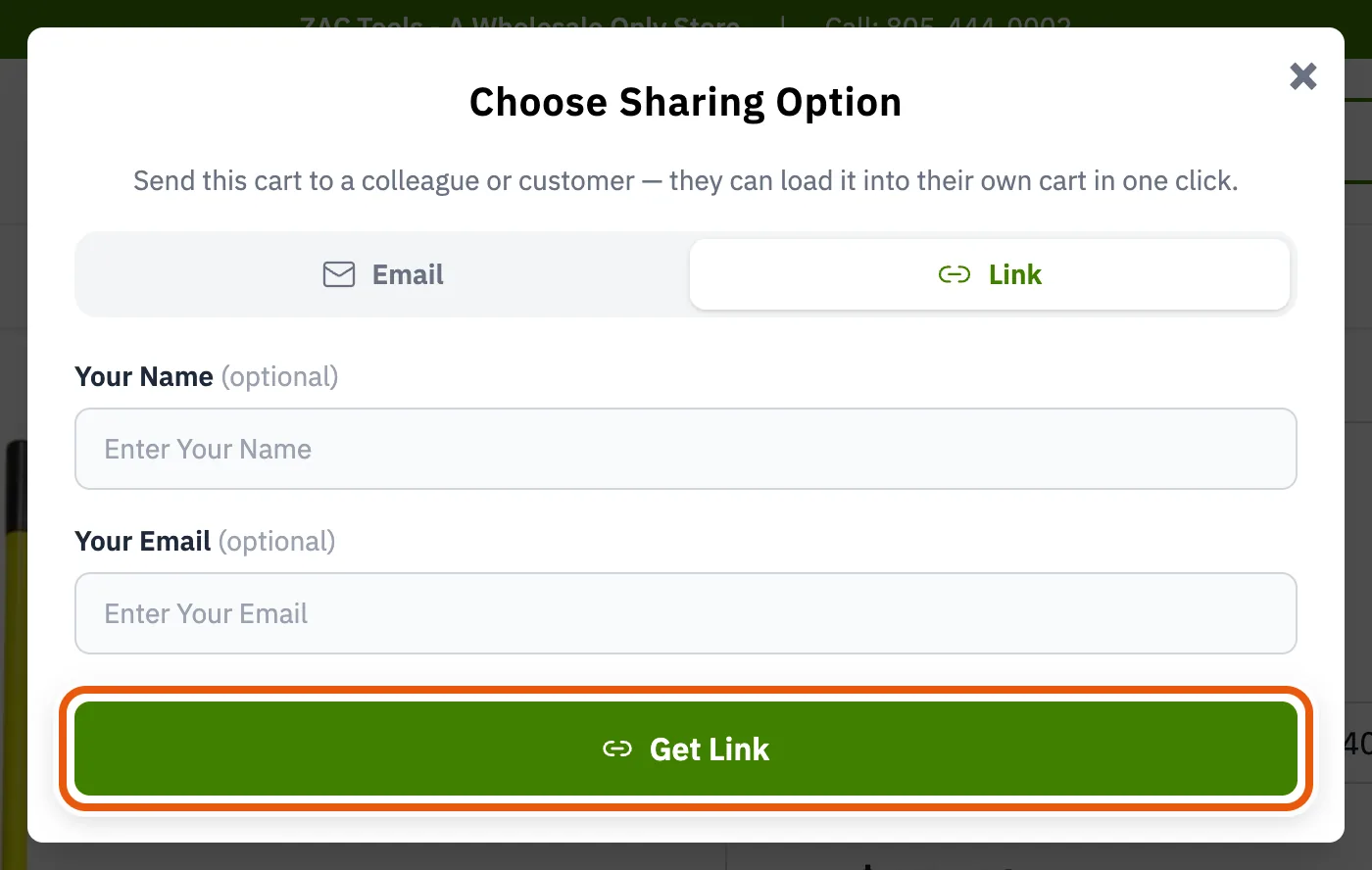 The Link tab, with optional name and email fields and a Get Link button